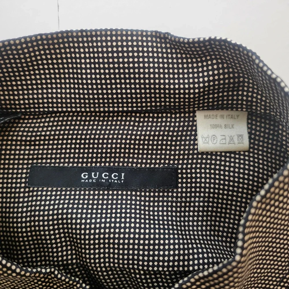 Gucci Mens Silk‎ Button Down Shirt 43/17 Brown Micro Dot GG Logo Pocket Italy